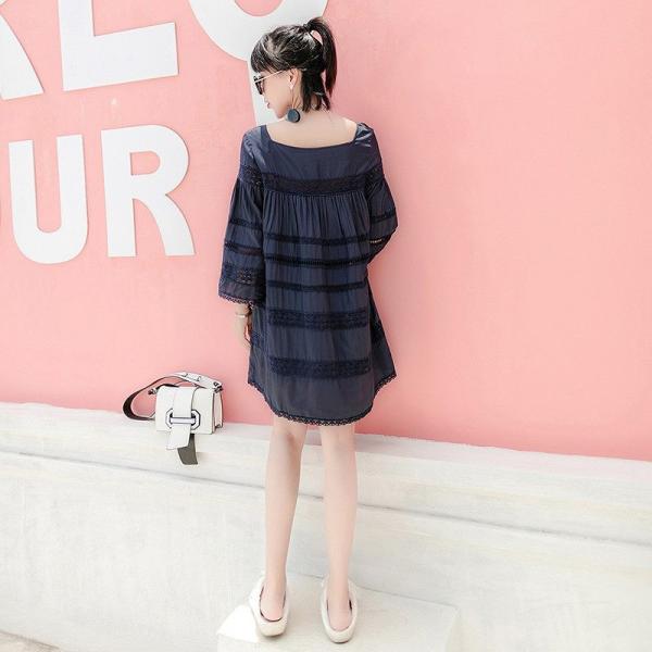 レディース　ワンピース　レース　スクエアネック　ミニ丈　ハイウエスト　七分袖　カジュアル　キュート　可愛い　フェミニン　きれいめ　上品　エレガント　おしゃれ　お出かけ　お呼ばれ　ネイビー　S　M　L　サイズ　送料無料