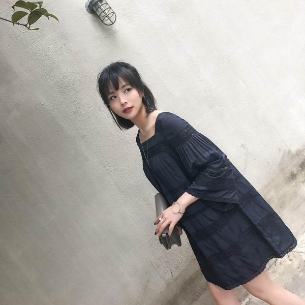 レディース　ワンピース　レース　スクエアネック　ミニ丈　ハイウエスト　七分袖　カジュアル　キュート　可愛い　フェミニン　きれいめ　上品　エレガント　おしゃれ　お出かけ　お呼ばれ　ネイビー　S　M　L　サイズ　送料無料