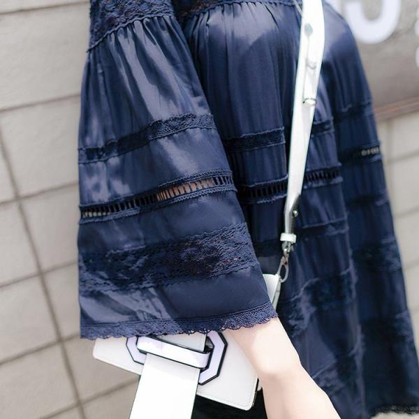 レディース　ワンピース　レース　スクエアネック　ミニ丈　ハイウエスト　七分袖　カジュアル　キュート　可愛い　フェミニン　きれいめ　上品　エレガント　おしゃれ　お出かけ　お呼ばれ　ネイビー　S　M　L　サイズ　送料無料