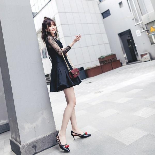 レディース　ワンピース　レース　透け感　ミニ丈　ハイウエスト　長袖　カジュアル　キュート　可愛い　フェミニン　きれいめ　上品　エレガント　おしゃれ　お出かけ　フォーマル　二次会　パーティードレス　お呼ばれ　ブラック　黒　S　M　L　サイズ　送料無料