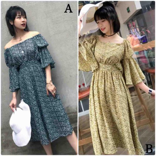 レディース　ワンピース　肩出し　肩見せ　オフショルダー　ミディ丈　フレアスリーブ　ボリュームスリーブ　フレア　スカート　カジュアル　キュート　可愛い　フェミニン　きれいめ　上品　エレガント　おしゃれ　お出かけ　お呼ばれ　グリーン　イエロー　S　M　送料無料