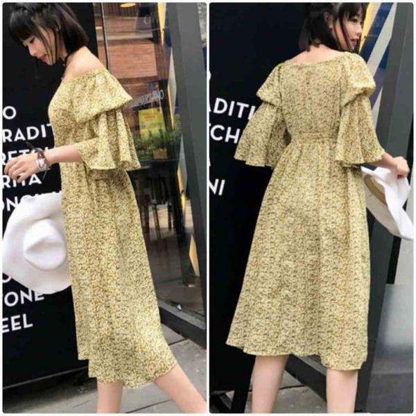 レディース　ワンピース　肩出し　肩見せ　オフショルダー　ミディ丈　フレアスリーブ　ボリュームスリーブ　フレア　スカート　カジュアル　キュート　可愛い　フェミニン　きれいめ　上品　エレガント　おしゃれ　お出かけ　お呼ばれ　グリーン　イエロー　S　M　送料無料