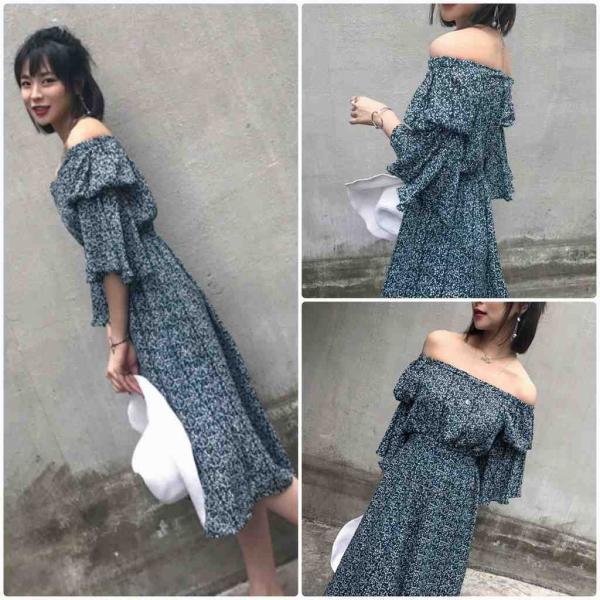 レディース　ワンピース　肩出し　肩見せ　オフショルダー　ミディ丈　フレアスリーブ　ボリュームスリーブ　フレア　スカート　カジュアル　キュート　可愛い　フェミニン　きれいめ　上品　エレガント　おしゃれ　お出かけ　お呼ばれ　グリーン　イエロー　S　M　送料無料