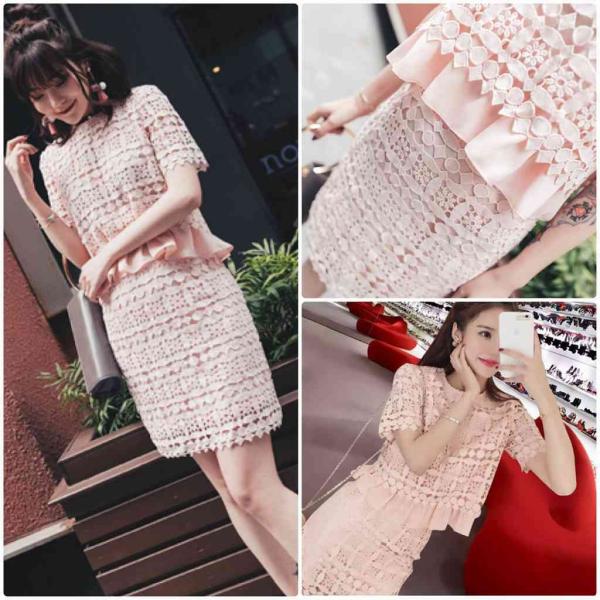 レディース　上下2点セット　総レース　スーツ　半袖　スカート　カジュアル　キュート　可愛い　フェミニン　きれいめ　上品　エレガント　おしゃれ　お出かけ　デイリー　お呼ばれ　入園式　入学式　卒園式　卒業式　ピンク　S　M　L　サイズ　送料無料