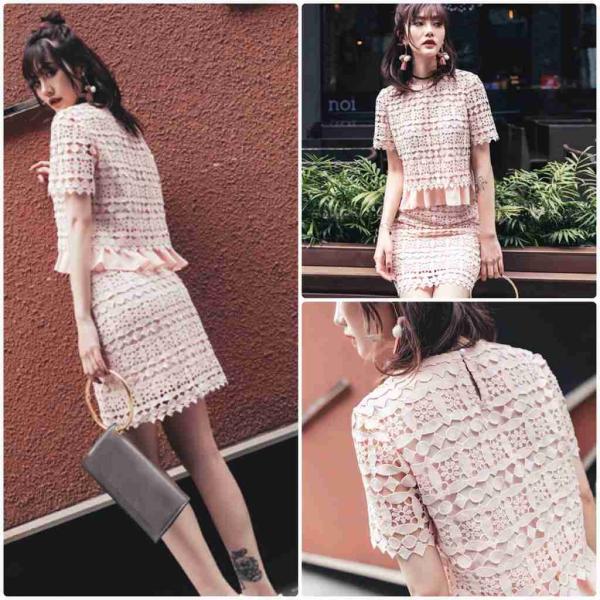 レディース　上下2点セット　総レース　スーツ　半袖　スカート　カジュアル　キュート　可愛い　フェミニン　きれいめ　上品　エレガント　おしゃれ　お出かけ　デイリー　お呼ばれ　入園式　入学式　卒園式　卒業式　ピンク　S　M　L　サイズ　送料無料