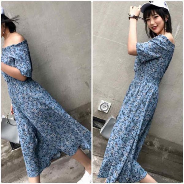 レディース　ワンピース　肩出し　肩見せ　オフショルダー　ミモレ丈　ハイウエスト　花柄　ボタニカル柄　半袖　フレア　スカート　カジュアル　キュート　可愛い　フェミニン　きれいめ　上品　エレガント　おしゃれ　お出かけ　お呼ばれ　ブルー　フリーサイズ　送料無料