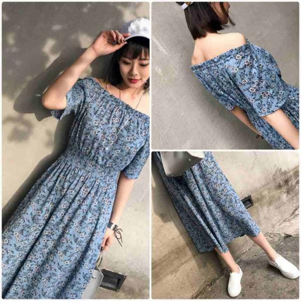 レディース　ワンピース　肩出し　肩見せ　オフショルダー　ミモレ丈　ハイウエスト　花柄　ボタニカル柄　半袖　フレア　スカート　カジュアル　キュート　可愛い　フェミニン　きれいめ　上品　エレガント　おしゃれ　お出かけ　お呼ばれ　ブルー　フリーサイズ　送料無料