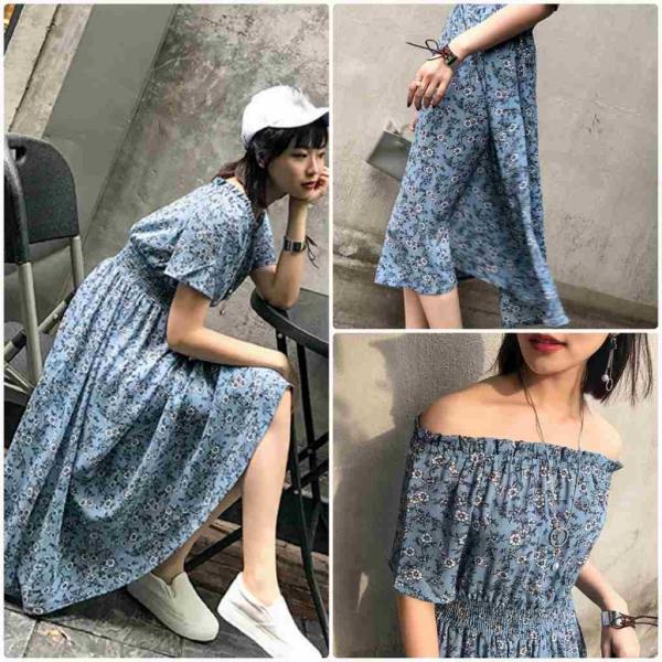 レディース　ワンピース　肩出し　肩見せ　オフショルダー　ミモレ丈　ハイウエスト　花柄　ボタニカル柄　半袖　フレア　スカート　カジュアル　キュート　可愛い　フェミニン　きれいめ　上品　エレガント　おしゃれ　お出かけ　お呼ばれ　ブルー　フリーサイズ　送料無料