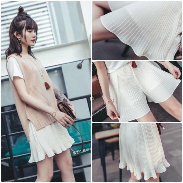 レディース　プリーツスカート風パンツ　ハイウエスト　フレア　シンプル　ショートパンツ　短パン　ボトムス　カジュアル　キュート　可愛い　フェミニン　きれいめ　エレガント　おしゃれ　お出かけ　オフィス　デイリー　普段着　ベージュ　S　M　L　サイズ　送料無料