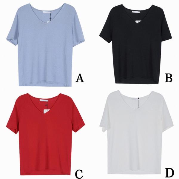レディース　Vネック　カットソー　半袖　シンプル　スリム　タイト　トップス　カジュアル　キュート　大人　可愛い　フェミニン　おしゃれ　お出かけ　オフィス　デイリー　普段着　ホワイト　レッド　ブルー　ブラック　フリーサイズ　送料無料