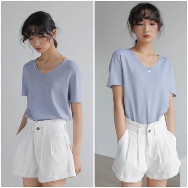 レディース　Vネック　カットソー　半袖　シンプル　スリム　タイト　トップス　カジュアル　キュート　大人　可愛い　フェミニン　おしゃれ　お出かけ　オフィス　デイリー　普段着　ホワイト　レッド　ブルー　ブラック　フリーサイズ　送料無料