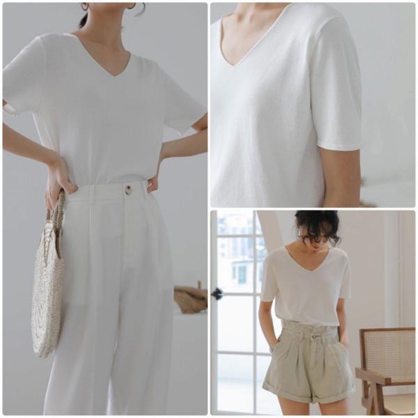 レディース　Vネック　カットソー　半袖　シンプル　スリム　タイト　トップス　カジュアル　キュート　大人　可愛い　フェミニン　おしゃれ　お出かけ　オフィス　デイリー　普段着　ホワイト　レッド　ブルー　ブラック　フリーサイズ　送料無料