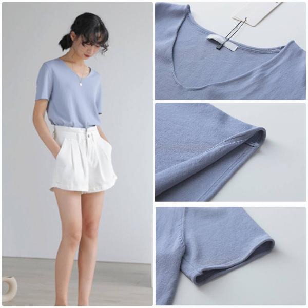 レディース　Vネック　カットソー　半袖　シンプル　スリム　タイト　トップス　カジュアル　キュート　大人　可愛い　フェミニン　おしゃれ　お出かけ　オフィス　デイリー　普段着　ホワイト　レッド　ブルー　ブラック　フリーサイズ　送料無料