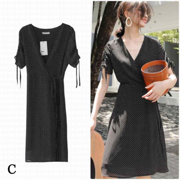 レディース　シフォン　ワンピース　ドット柄　Vネック　半袖　ハイウエスト　スカート　カジュアル　キュート　可愛い　フェミニン　きれいめ　上品　エレガント　おしゃれ　お出かけ　お呼ばれ　ブラック　ブラウン　ホワイト　フリーサイズ　ワンサイズ　送料無料