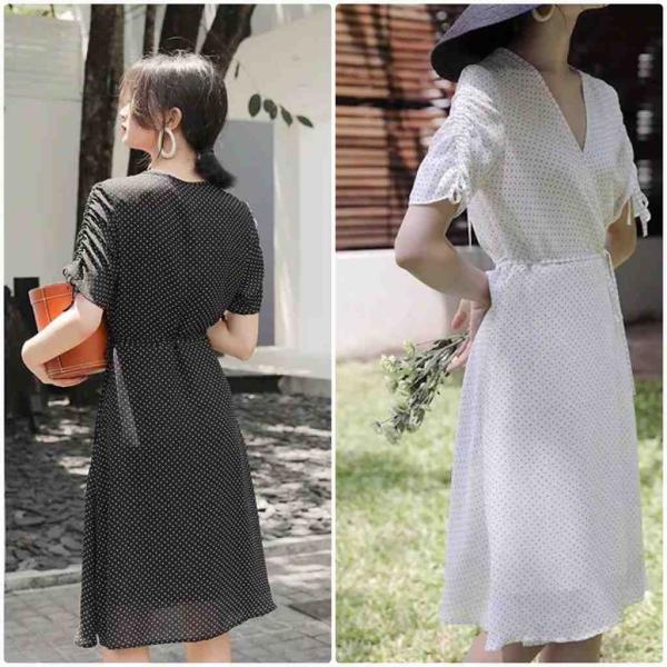 レディース　シフォン　ワンピース　ドット柄　Vネック　半袖　ハイウエスト　スカート　カジュアル　キュート　可愛い　フェミニン　きれいめ　上品　エレガント　おしゃれ　お出かけ　お呼ばれ　ブラック　ブラウン　ホワイト　フリーサイズ　ワンサイズ　送料無料