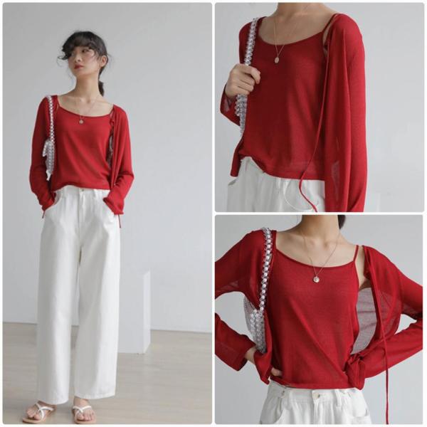 レディース　2点セット　カーディガン　キャミソール　ニット　リボン　カジュアル　キュート　可愛い　フェミニン　きれいめ　上品　エレガント　おしゃれ　お出かけ　デイリー　お呼ばれ　ホワイト　レッド　ブルー　グリーン　フリーサイズ　ワンサイズ　送料無料