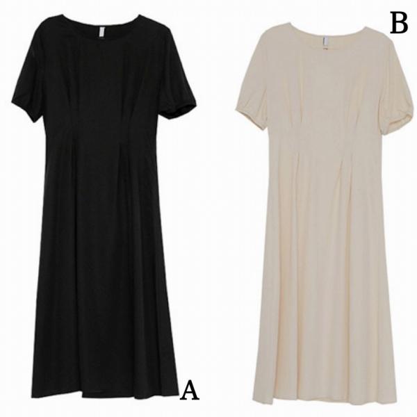 レディース　ワンピース　ラウンドネック　無地　シンプル　半袖　ハイウエスト　スカート　カジュアル　キュート　可愛い　フェミニン　きれいめ　上品　エレガント　おしゃれ　お出かけ　お呼ばれ　ブラック　ベージュ　フリーサイズ　ワンサイズ　送料無料