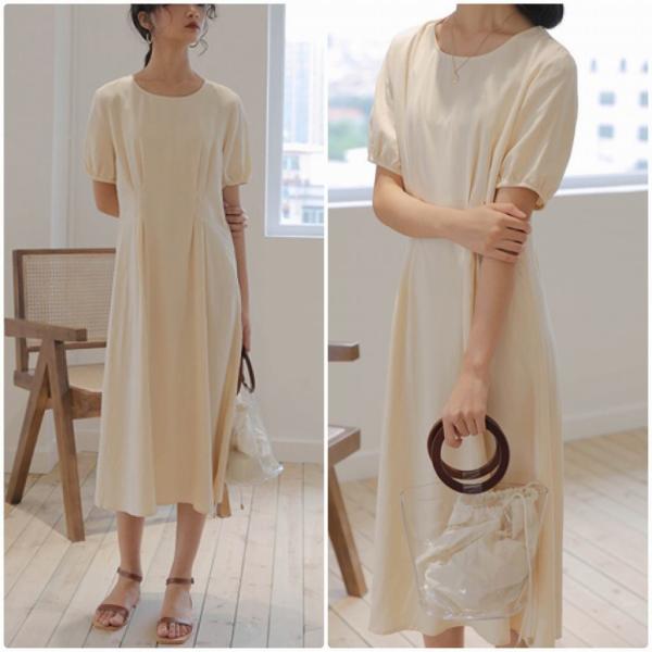 レディース　ワンピース　ラウンドネック　無地　シンプル　半袖　ハイウエスト　スカート　カジュアル　キュート　可愛い　フェミニン　きれいめ　上品　エレガント　おしゃれ　お出かけ　お呼ばれ　ブラック　ベージュ　フリーサイズ　ワンサイズ　送料無料