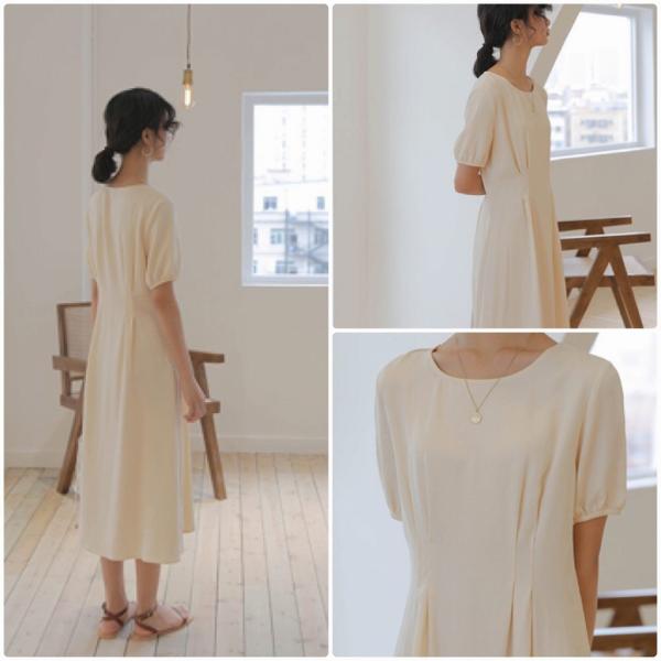 レディース　ワンピース　ラウンドネック　無地　シンプル　半袖　ハイウエスト　スカート　カジュアル　キュート　可愛い　フェミニン　きれいめ　上品　エレガント　おしゃれ　お出かけ　お呼ばれ　ブラック　ベージュ　フリーサイズ　ワンサイズ　送料無料