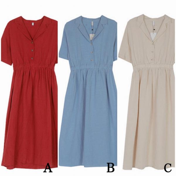 レディース　ワンピース　シャツワンピ　無地　シンプル　半袖　ハイウエスト　スカート　カジュアル　キュート　可愛い　フェミニン　きれいめ　上品　エレガント　おしゃれ　お出かけ　お呼ばれ　レッド　ブルー　ベージュ　フリーサイズ　ワンサイズ　送料無料