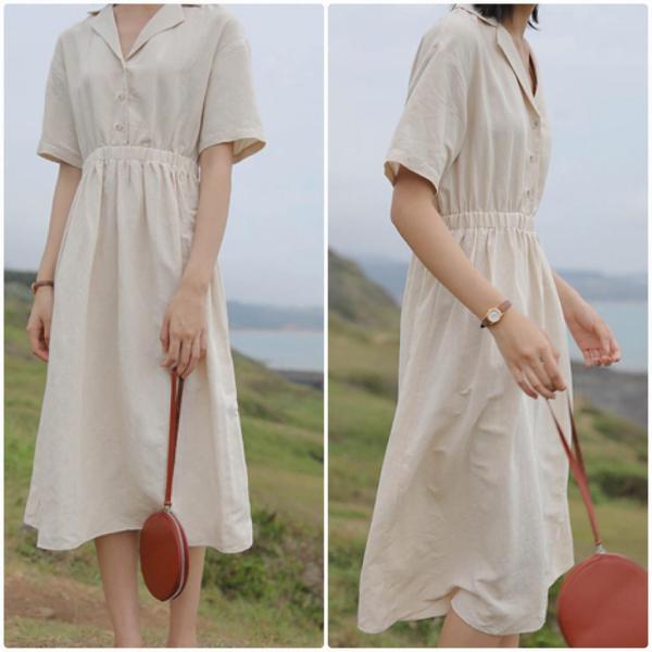 レディース　ワンピース　シャツワンピ　無地　シンプル　半袖　ハイウエスト　スカート　カジュアル　キュート　可愛い　フェミニン　きれいめ　上品　エレガント　おしゃれ　お出かけ　お呼ばれ　レッド　ブルー　ベージュ　フリーサイズ　ワンサイズ　送料無料