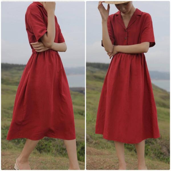 レディース　ワンピース　シャツワンピ　無地　シンプル　半袖　ハイウエスト　スカート　カジュアル　キュート　可愛い　フェミニン　きれいめ　上品　エレガント　おしゃれ　お出かけ　お呼ばれ　レッド　ブルー　ベージュ　フリーサイズ　ワンサイズ　送料無料