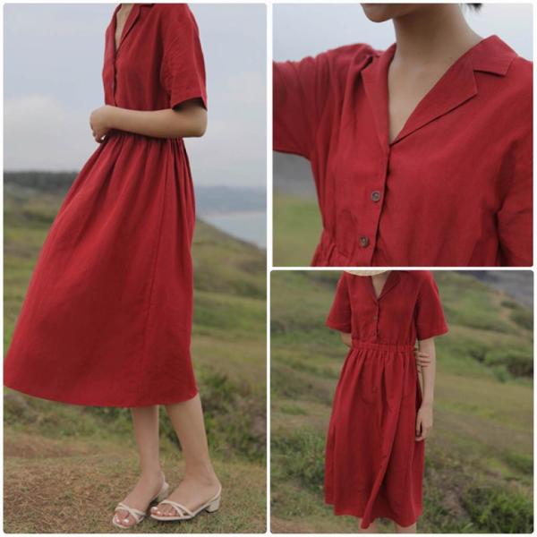 レディース　ワンピース　シャツワンピ　無地　シンプル　半袖　ハイウエスト　スカート　カジュアル　キュート　可愛い　フェミニン　きれいめ　上品　エレガント　おしゃれ　お出かけ　お呼ばれ　レッド　ブルー　ベージュ　フリーサイズ　ワンサイズ　送料無料