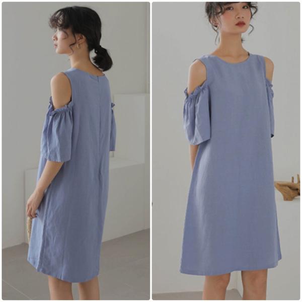 レディース　ショルダーカット　肩出し　肩見せ　ワンピース　無地　シンプル　半袖　ハイウエスト　スカート　カジュアル　キュート　可愛い　フェミニン　きれいめ　上品　エレガント　おしゃれ　お出かけ　お呼ばれ　ブラック　ブルー　オリーブ　フリーサイズ　送料無料