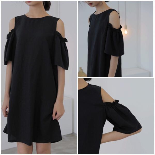 レディース　ショルダーカット　肩出し　肩見せ　ワンピース　無地　シンプル　半袖　ハイウエスト　スカート　カジュアル　キュート　可愛い　フェミニン　きれいめ　上品　エレガント　おしゃれ　お出かけ　お呼ばれ　ブラック　ブルー　オリーブ　フリーサイズ　送料無料