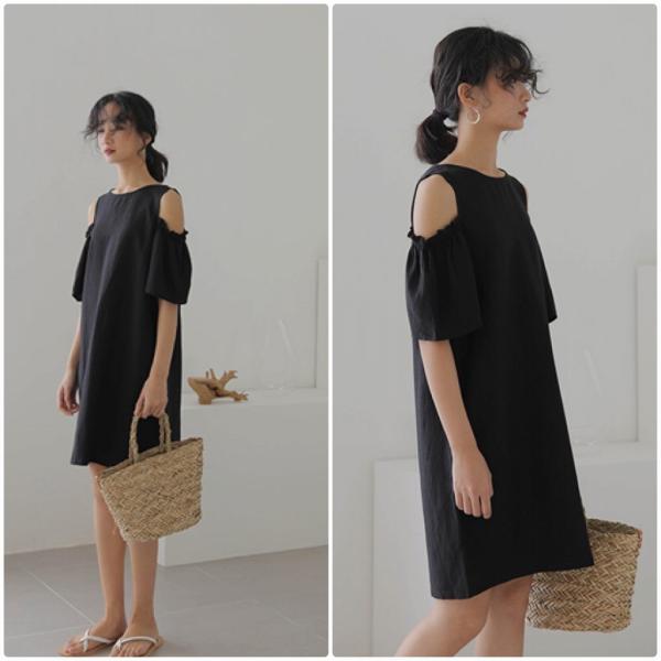 レディース　ショルダーカット　肩出し　肩見せ　ワンピース　無地　シンプル　半袖　ハイウエスト　スカート　カジュアル　キュート　可愛い　フェミニン　きれいめ　上品　エレガント　おしゃれ　お出かけ　お呼ばれ　ブラック　ブルー　オリーブ　フリーサイズ　送料無料