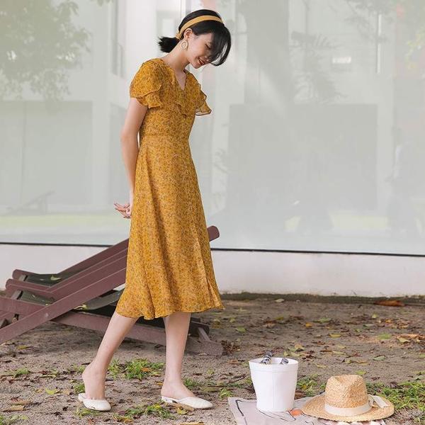 レディース　シフォン　ワンピース　花柄　ボタニカル柄　フレアスリーブ　半袖　ハイウエスト　スカート　カジュアル　キュート　可愛い　フェミニン　きれいめ　上品　エレガント　おしゃれ　お出かけ　お呼ばれ　イエロー　レッド　ベージュ　フリーサイズ　送料無料