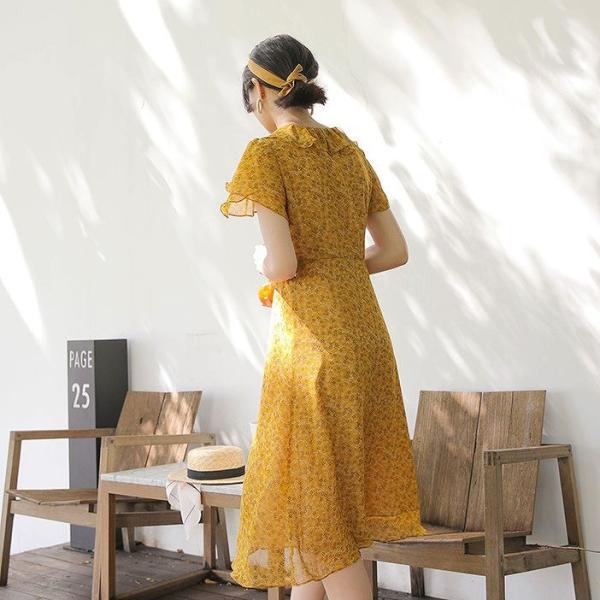 レディース　シフォン　ワンピース　花柄　ボタニカル柄　フレアスリーブ　半袖　ハイウエスト　スカート　カジュアル　キュート　可愛い　フェミニン　きれいめ　上品　エレガント　おしゃれ　お出かけ　お呼ばれ　イエロー　レッド　ベージュ　フリーサイズ　送料無料
