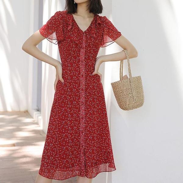 レディース　シフォン　ワンピース　花柄　ボタニカル柄　フレアスリーブ　半袖　ハイウエスト　スカート　カジュアル　キュート　可愛い　フェミニン　きれいめ　上品　エレガント　おしゃれ　お出かけ　お呼ばれ　イエロー　レッド　ベージュ　フリーサイズ　送料無料