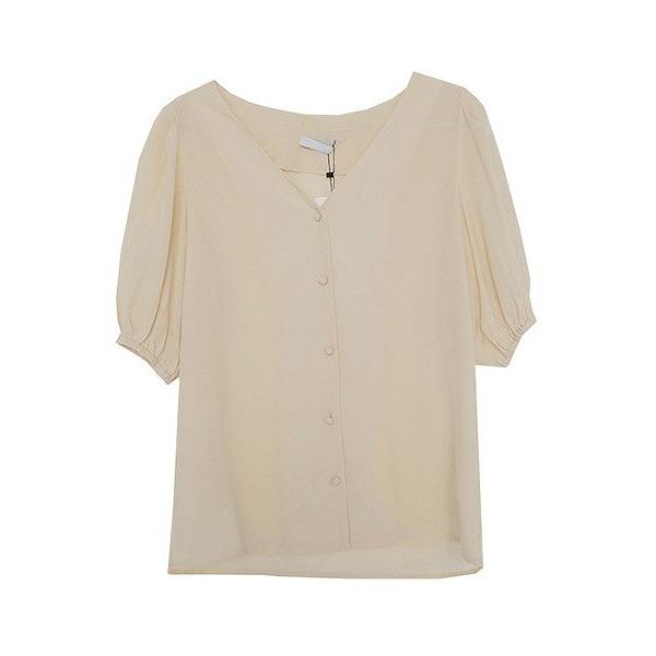 レディース　ブラウス　Vネック　パフスリーブ　無地　シンプル　半袖　トップス　カジュアル　キュート　可愛い　フェミニン　きれいめ　上品　エレガント　おしゃれ　お出かけ　オフィス　デート　デイリー　イエロー　ホワイト　ベージュ　フリーサイズ　送料無料