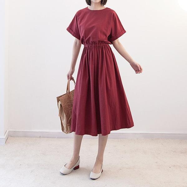 レディース　ワンピース　シンプル　フレア　ラウンドネック　ミモレ丈　半袖　ハイウエスト　スカート　カジュアル　キュート　可愛い　フェミニン　きれいめ　上品　エレガント　おしゃれ　お出かけ　お呼ばれ　レッド　フリーサイズ　送料無料
