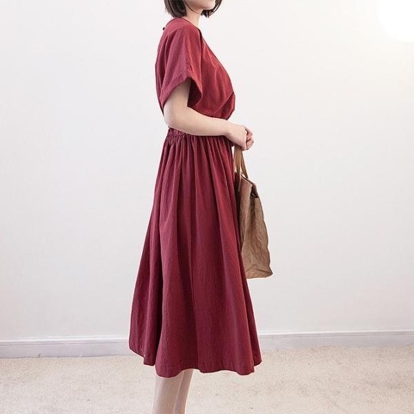 レディース　ワンピース　シンプル　フレア　ラウンドネック　ミモレ丈　半袖　ハイウエスト　スカート　カジュアル　キュート　可愛い　フェミニン　きれいめ　上品　エレガント　おしゃれ　お出かけ　お呼ばれ　レッド　フリーサイズ　送料無料