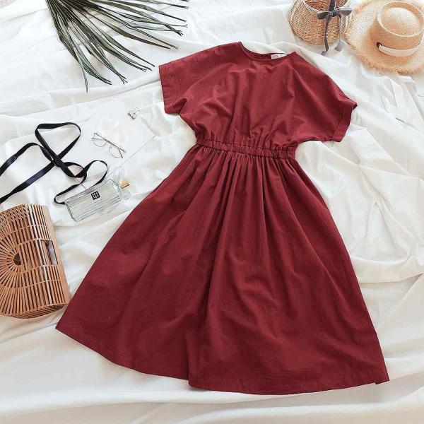 レディース　ワンピース　シンプル　フレア　ラウンドネック　ミモレ丈　半袖　ハイウエスト　スカート　カジュアル　キュート　可愛い　フェミニン　きれいめ　上品　エレガント　おしゃれ　お出かけ　お呼ばれ　レッド　フリーサイズ　送料無料