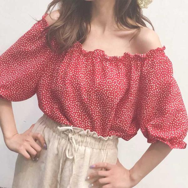 レディース　ブラウス　肩出し　肩見せ　オフショルダー　パフスリーブ　ドット　水玉　半袖　トップス　カジュアル　キュート　可愛い　フェミニン　きれいめ　エレガント　おしゃれ　お出かけ　オフィス　デート　デイリー　レッド　ホワイト　フリーサイズ　送料無料