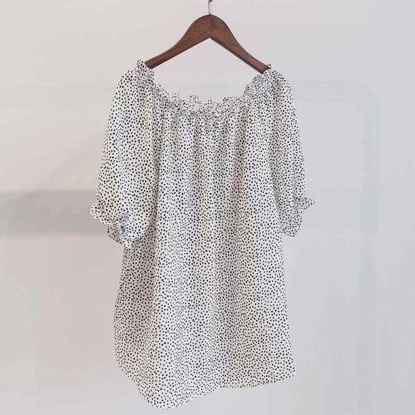 レディース　ブラウス　肩出し　肩見せ　オフショルダー　パフスリーブ　ドット　水玉　半袖　トップス　カジュアル　キュート　可愛い　フェミニン　きれいめ　エレガント　おしゃれ　お出かけ　オフィス　デート　デイリー　レッド　ホワイト　フリーサイズ　送料無料