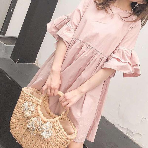 レディース　ワンピース　シンプル　フレアスリーブ　ボリュームスリーブ　ミニ丈　半袖　ハイウエスト　スカート　カジュアル　キュート　可愛い　フェミニン　きれいめ　上品　エレガント　おしゃれ　お出かけ　お呼ばれ　ブラック　ピンク　ネイビー　ホワイト　送料無料