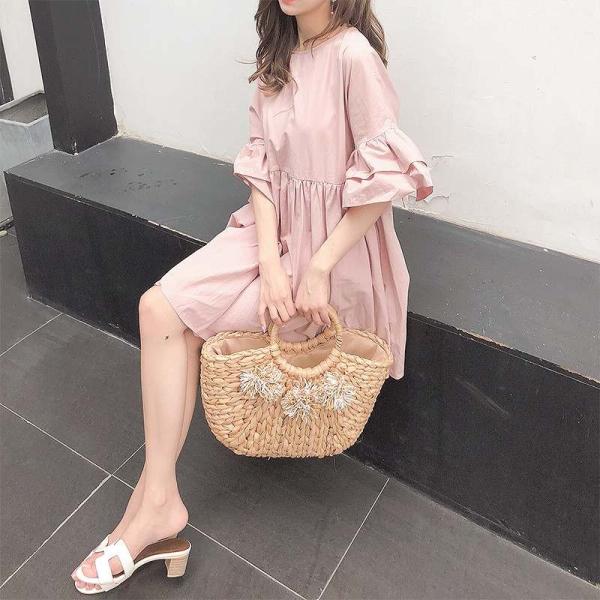 レディース　ワンピース　シンプル　フレアスリーブ　ボリュームスリーブ　ミニ丈　半袖　ハイウエスト　スカート　カジュアル　キュート　可愛い　フェミニン　きれいめ　上品　エレガント　おしゃれ　お出かけ　お呼ばれ　ブラック　ピンク　ネイビー　ホワイト　送料無料