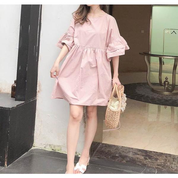 レディース　ワンピース　シンプル　フレアスリーブ　ボリュームスリーブ　ミニ丈　半袖　ハイウエスト　スカート　カジュアル　キュート　可愛い　フェミニン　きれいめ　上品　エレガント　おしゃれ　お出かけ　お呼ばれ　ブラック　ピンク　ネイビー　ホワイト　送料無料