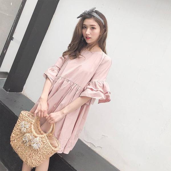 レディース　ワンピース　シンプル　フレアスリーブ　ボリュームスリーブ　ミニ丈　半袖　ハイウエスト　スカート　カジュアル　キュート　可愛い　フェミニン　きれいめ　上品　エレガント　おしゃれ　お出かけ　お呼ばれ　ブラック　ピンク　ネイビー　ホワイト　送料無料