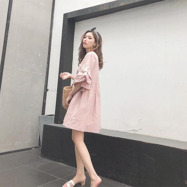 レディース　ワンピース　シンプル　フレアスリーブ　ボリュームスリーブ　ミニ丈　半袖　ハイウエスト　スカート　カジュアル　キュート　可愛い　フェミニン　きれいめ　上品　エレガント　おしゃれ　お出かけ　お呼ばれ　ブラック　ピンク　ネイビー　ホワイト　送料無料