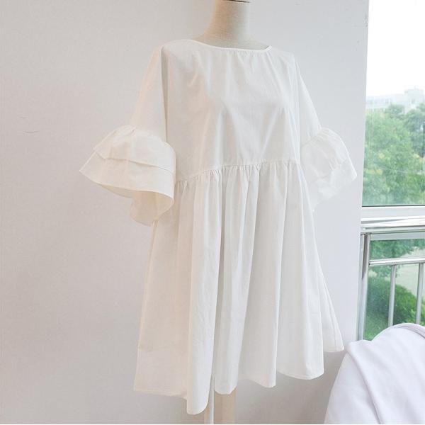 レディース　ワンピース　シンプル　フレアスリーブ　ボリュームスリーブ　ミニ丈　半袖　ハイウエスト　スカート　カジュアル　キュート　可愛い　フェミニン　きれいめ　上品　エレガント　おしゃれ　お出かけ　お呼ばれ　ブラック　ピンク　ネイビー　ホワイト　送料無料