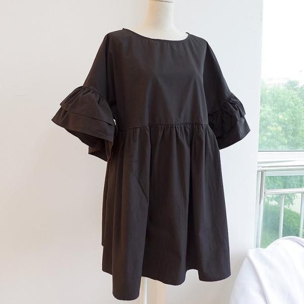 レディース　ワンピース　シンプル　フレアスリーブ　ボリュームスリーブ　ミニ丈　半袖　ハイウエスト　スカート　カジュアル　キュート　可愛い　フェミニン　きれいめ　上品　エレガント　おしゃれ　お出かけ　お呼ばれ　ブラック　ピンク　ネイビー　ホワイト　送料無料