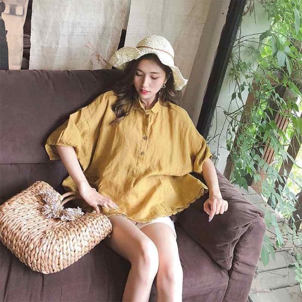レディース　リネン　ブラウス　シャツ　シンプル　無地　五分袖　トップス　カジュアル　キュート　可愛い　フェミニン　きれいめ　上品　エレガント　おしゃれ　お出かけ　オフィス　デート　デイリー　ホワイト　ネイビー　イエロー　フリーサイズ　送料無料