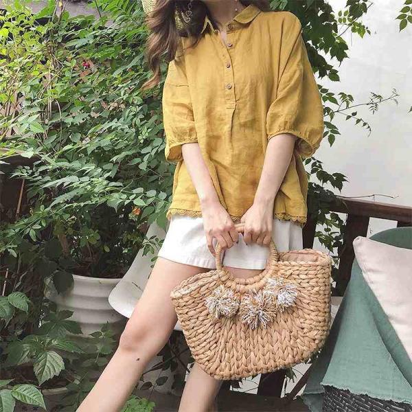 レディース　リネン　ブラウス　シャツ　シンプル　無地　五分袖　トップス　カジュアル　キュート　可愛い　フェミニン　きれいめ　上品　エレガント　おしゃれ　お出かけ　オフィス　デート　デイリー　ホワイト　ネイビー　イエロー　フリーサイズ　送料無料