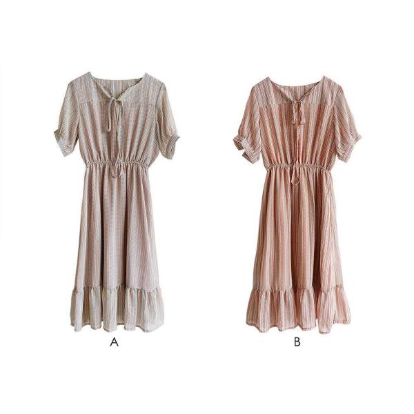 レディース　ワンピース　ストライプ　ぺプラムスカート　ミディ丈　半袖　ハイウエスト　スカート　カジュアル　キュート　可愛い　フェミニン　きれいめ　上品　エレガント　おしゃれ　お出かけ　お呼ばれ　フリーサイズ　ワンサイズ　送料無料
