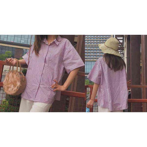 レディース　ブラウス　ストライプシャツ　シンプル　ゆったり　半袖　トップス　カジュアル　キュート　可愛い　フェミニン　きれいめ　上品　エレガント　おしゃれ　お出かけ　オフィス　デート　デイリー　ピンク　フリーサイズ　ワンサイズ　送料無料